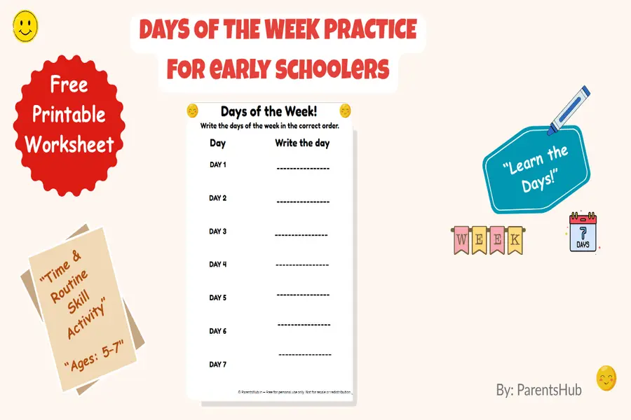 Days of the week work sheet for preschoolers 