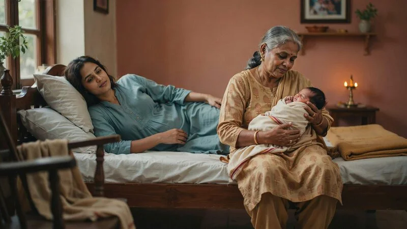 Grandmother Soothing a Newborn While Mother Rests