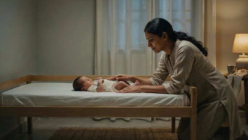 Indian mother gently soothing her newborn in a dimly lit nursery at night