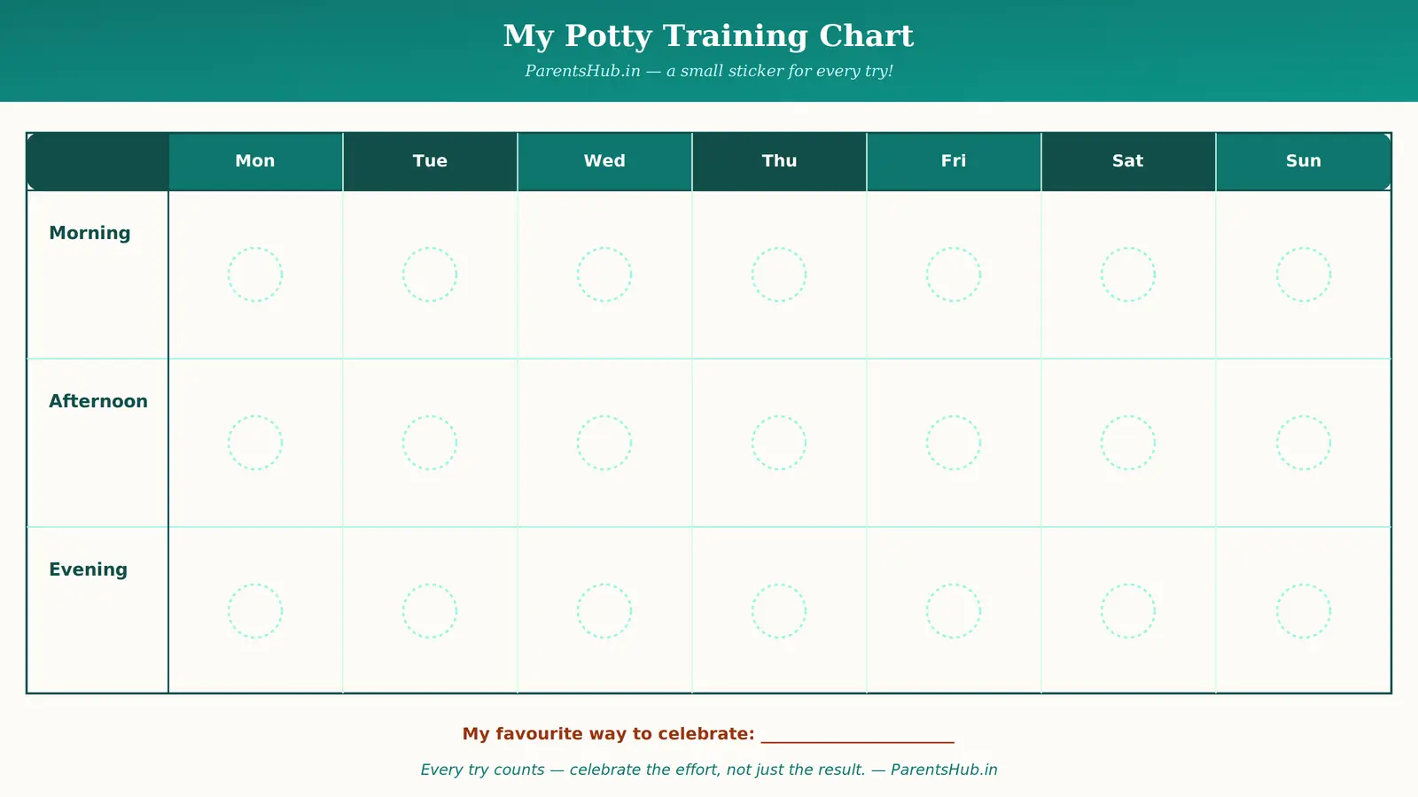 Printable seven-day potty training reward chart for toddlers