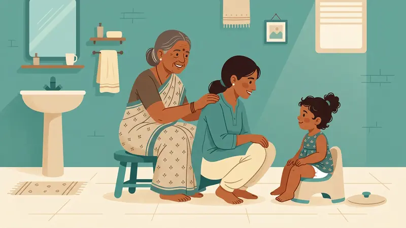 Indian mother and grandmother supporting a toddler during potty training