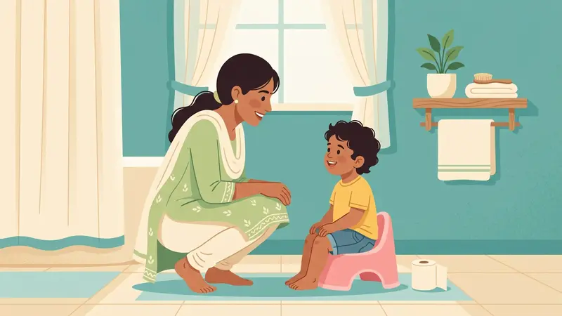 Indian mother gently encouraging her toddler sitting on a potty chair