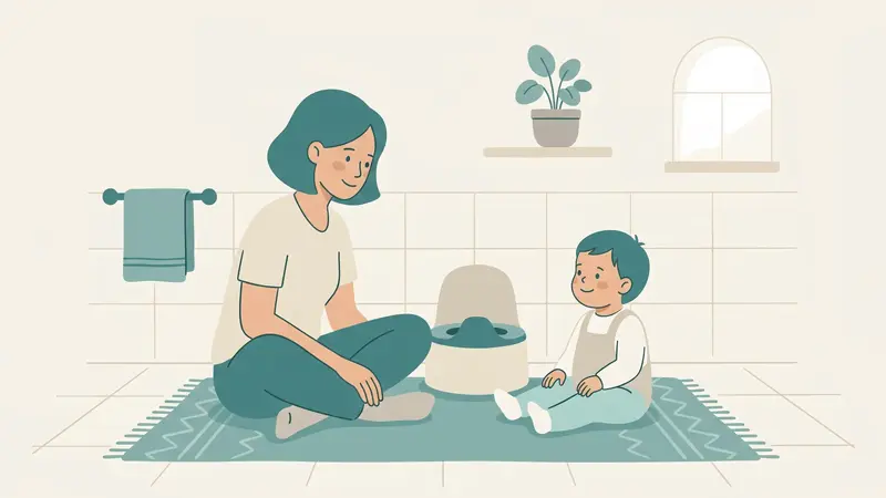 Parent calmly sitting with a toddler beside a potty during potty training