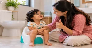 Indian mother encouraging her child while potty training a toddler