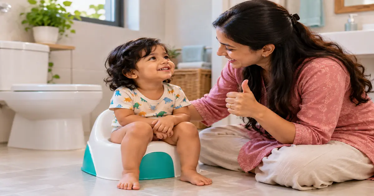 Indian mother encouraging her child while potty training a toddler