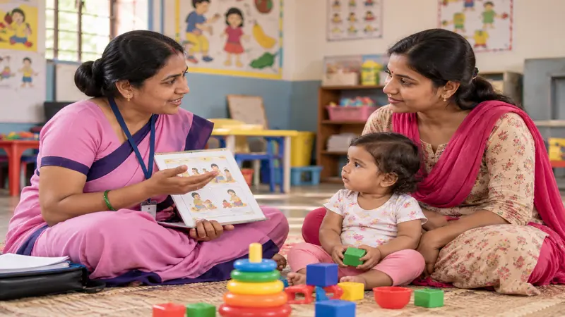 Developmental Red Flags in Babies and Toddlers (0–3 Years): Warning Signs by Age Anganwadi worker discussing child development with a mother while her toddler plays